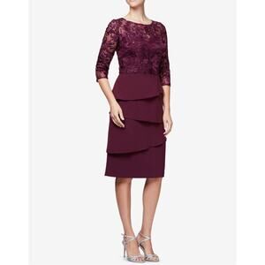 Alex Evenings Sequin Lace Bodice & Asymmetrical Tiered Skirt Dress